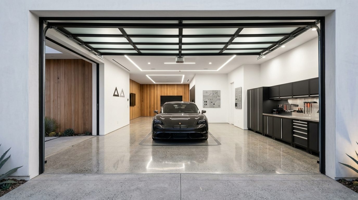 Turner Garage Door Repairs Interior View of Custom Garage Door Overhead and Workshop